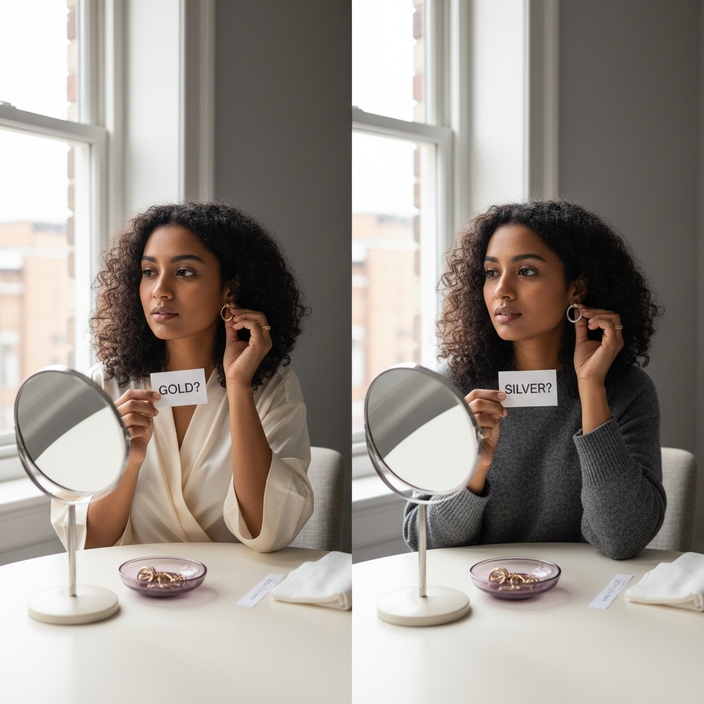 Person by a window comparing how gold and silver hoop earrings look against their skin.