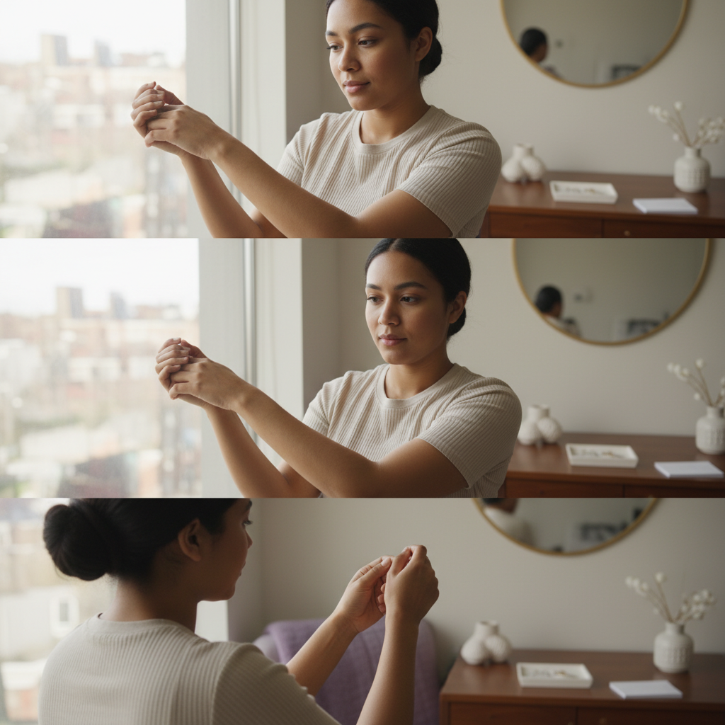 Series of photos showing a person checking their wrist veins in natural light from different angles.