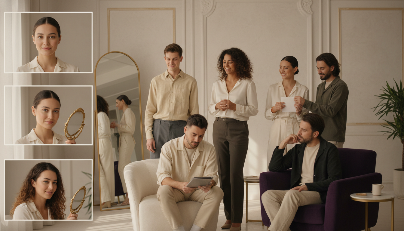 Diverse group of men and women, each with a distinct face shape, photographed in soft natural light to highlight their facial outlines.