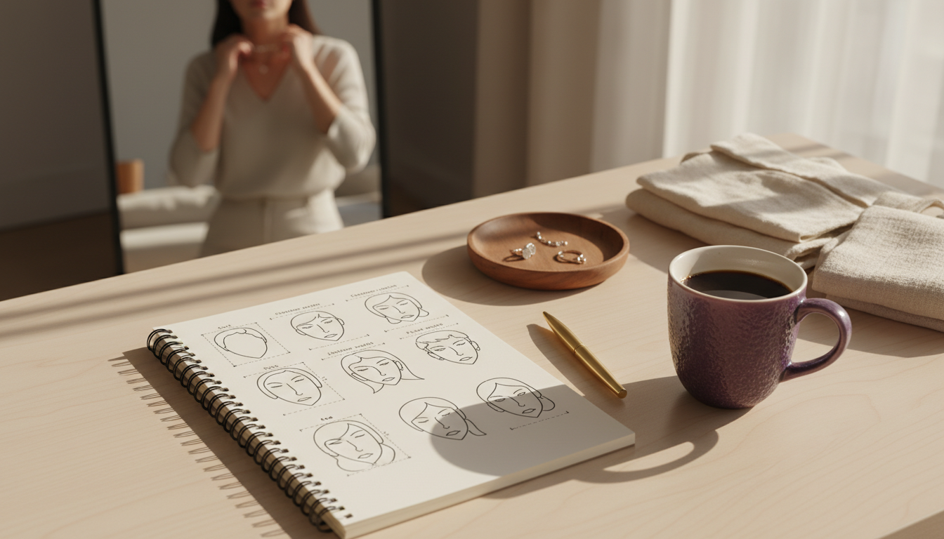 Clean diagram of seven main face shapes with subtle measurement lines on a neutral background, styled in modern minimalist tones