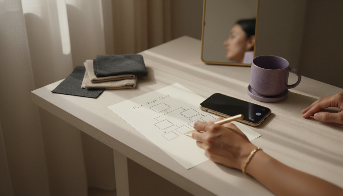 Overhead view of hands sketching a simple decision tree on paper beside a phone and mug on a minimalist table.