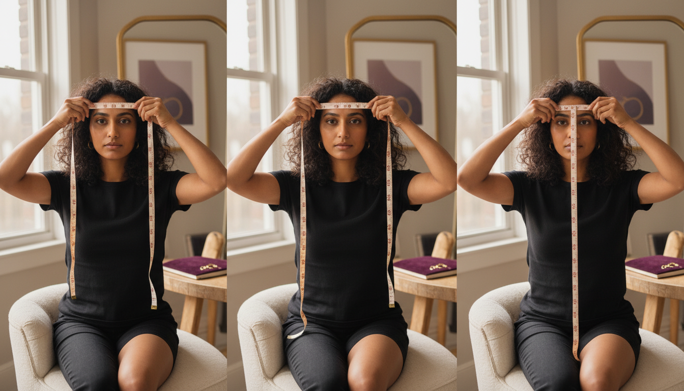 Person in natural light uses a soft measuring tape across forehead, cheekbones, and face length while looking in a mirror.