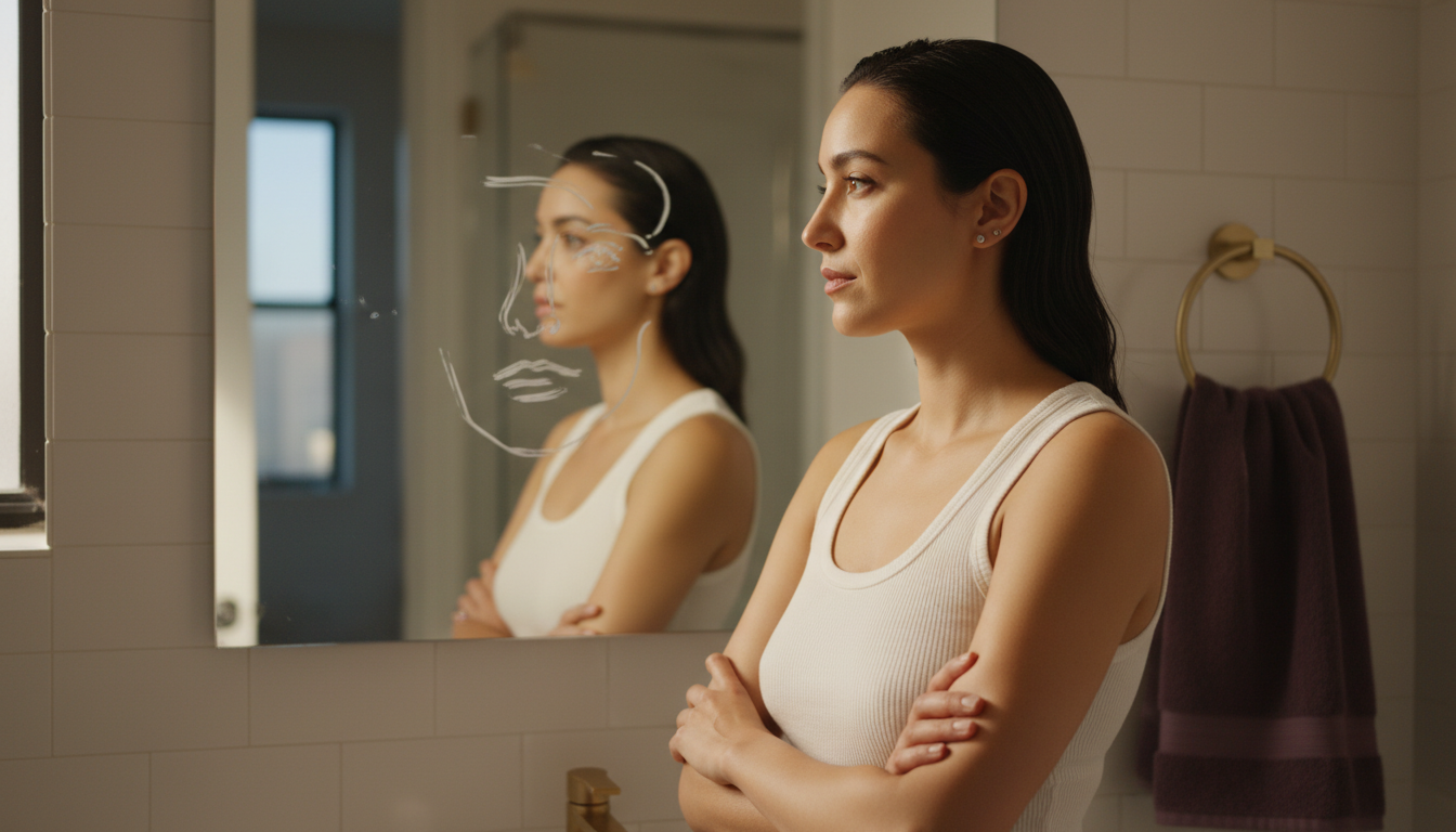 Woman with hair pulled back traces her face outline on a bathroom mirror with soap, then steps back to study the shape.