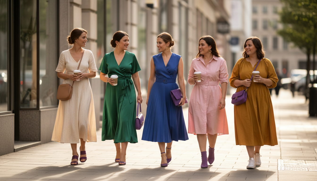 Five women with different body types wearing their most flattering dress silhouettes, walking confidently in natural light on a city street.