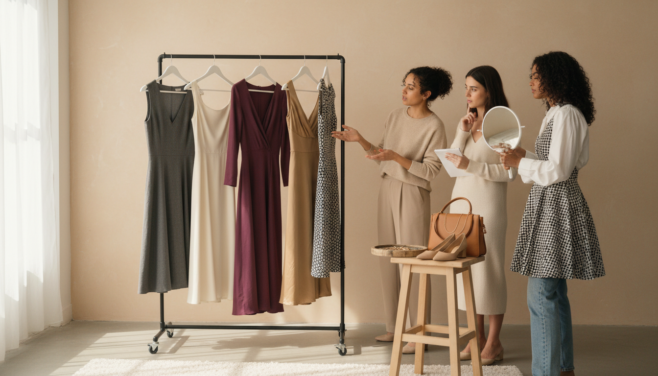 Clothing rack in a sunlit room displaying five dresses in different silhouettes, arranged neatly to highlight their shapes.
