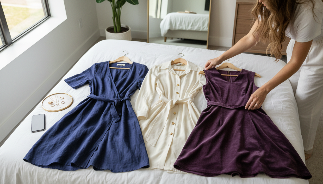 Three dresses—wrap, shirt dress, and fit-and-flare—laid out on a bed in natural light as a woman’s hands reach to pick one.