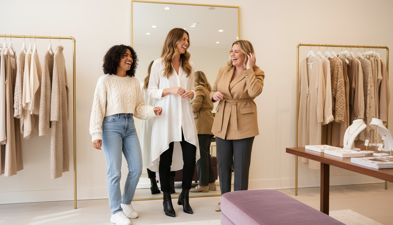 Petite, tall, and curvy women each wear differently cut oversized pieces styled to flatter their specific body types in a bright boutique.