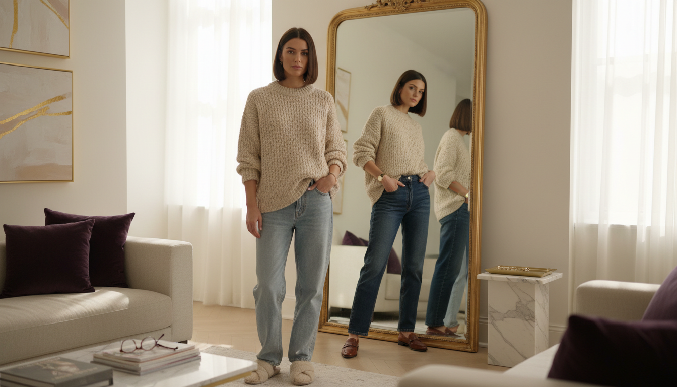 Woman in an oversized sweater shown first shapeless, then styled with definition using tucking and tailored jeans in a sunlit modern apartment