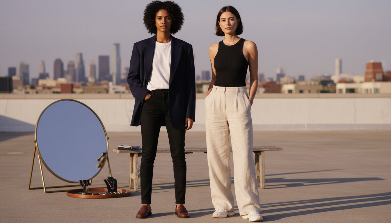 Two women on a rooftop show opposite proportions: one in an oversized blazer with slim jeans, the other in a fitted top with wide-leg trousers.