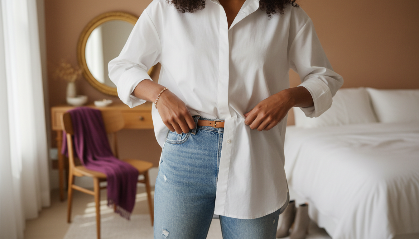 Close-up of an oversized white shirt being half-tucked into jeans with a belt and cuffed sleeves to show simple jewelry.
