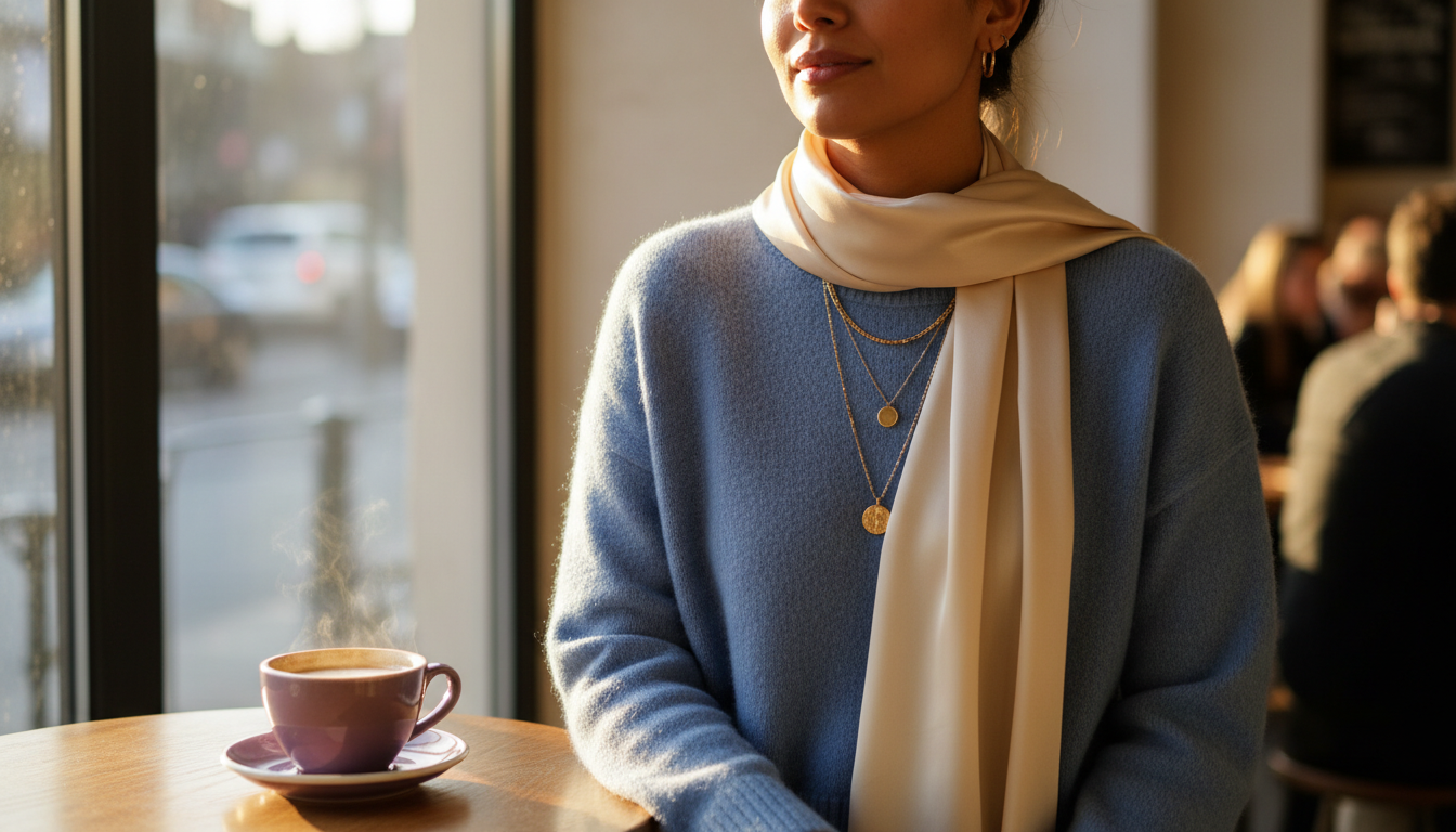 Woman in a cool blue sweater balanced by an ivory scarf and gold necklaces at her neckline, standing by a sunlit café window.