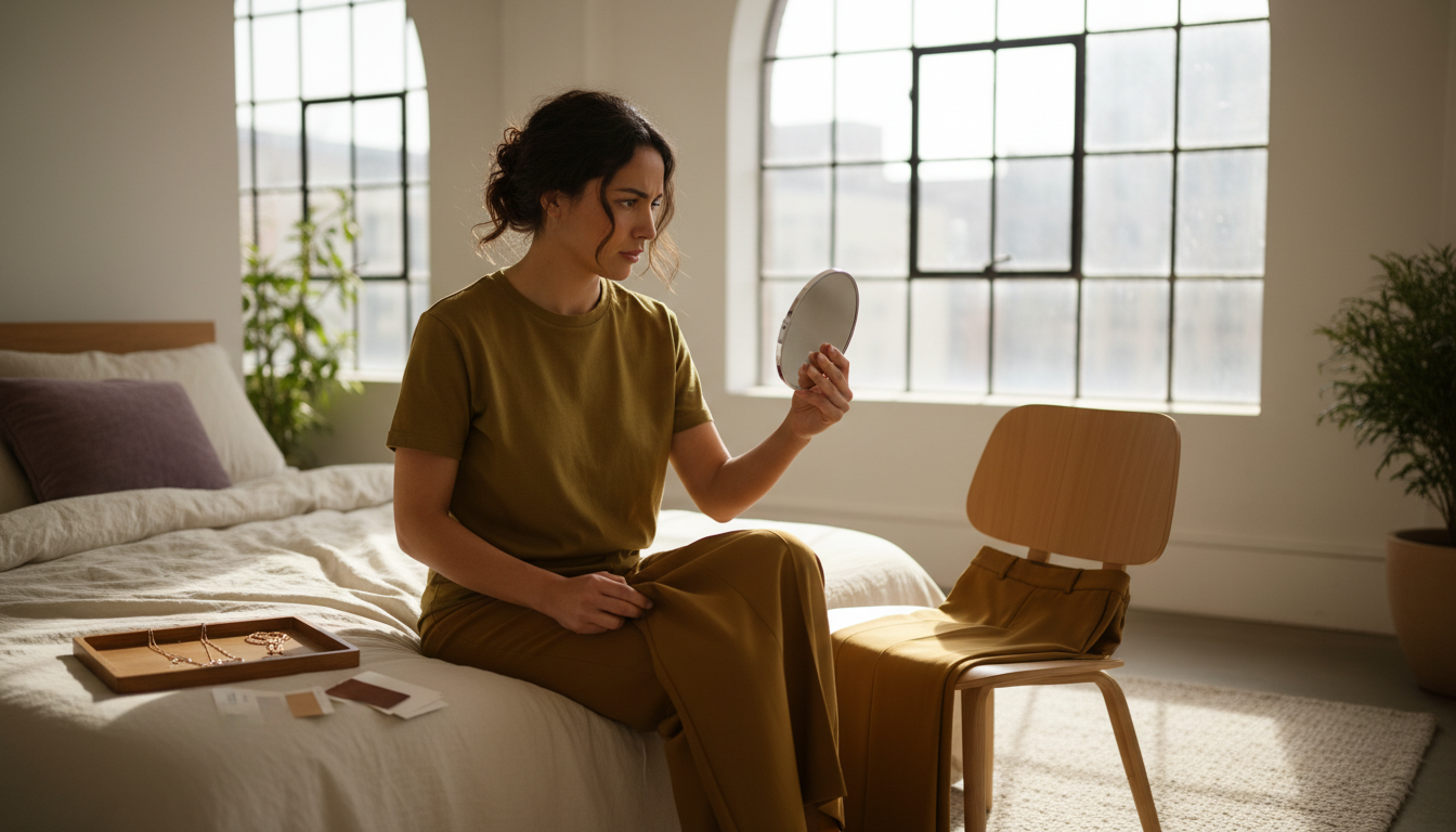 Woman comparing a mustard top near her face to matching mustard trousers in a sunlit minimalist bedroom, showing how distance from the face changes the effect.