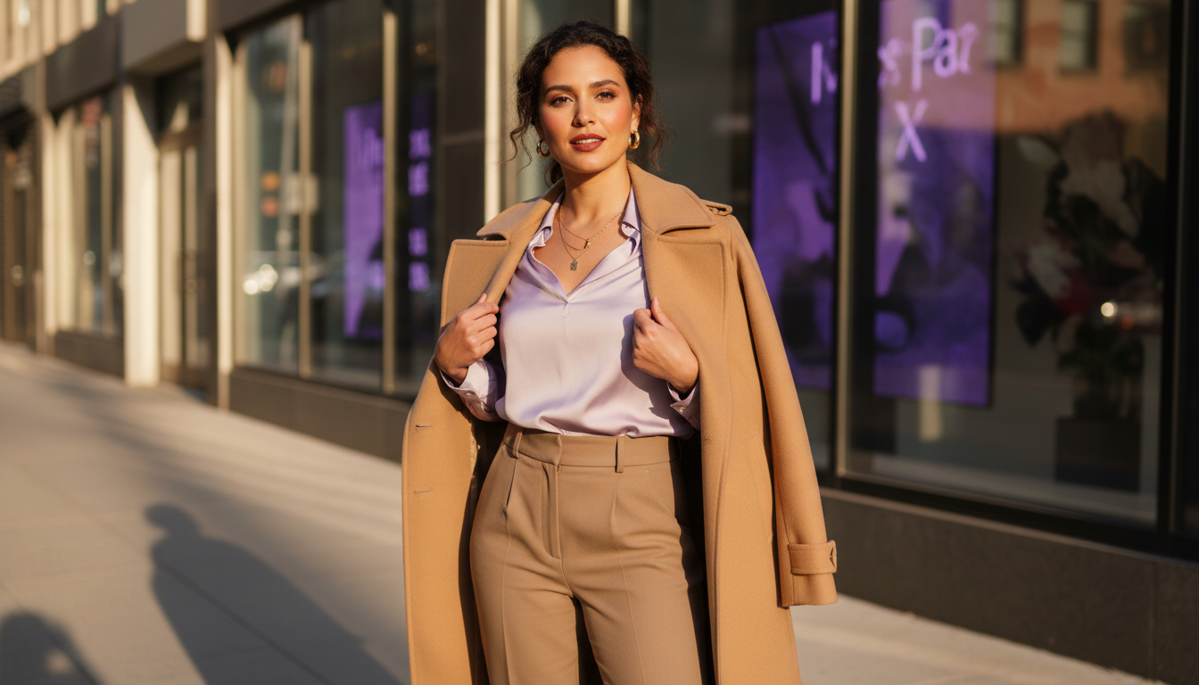 Stylish woman in an unflattering color top made to work through smart layering, accessories, and makeup in a sunlit urban setting.