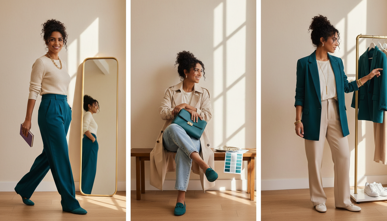 Three styled outfits in a minimalist hallway showing a rich teal color worn as pants, as accessories, and as a blazer with neutral layers.