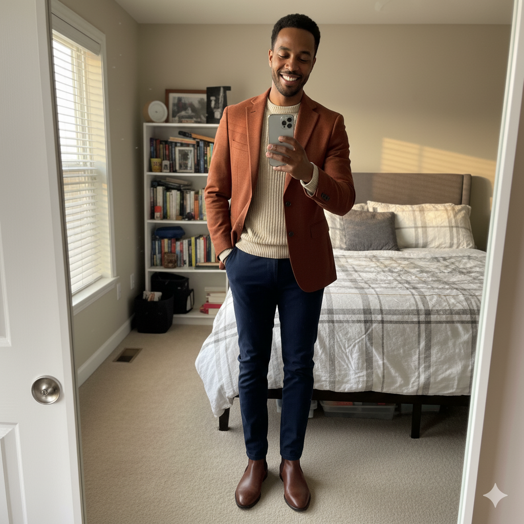 Man in rust blazer mirror selfie
