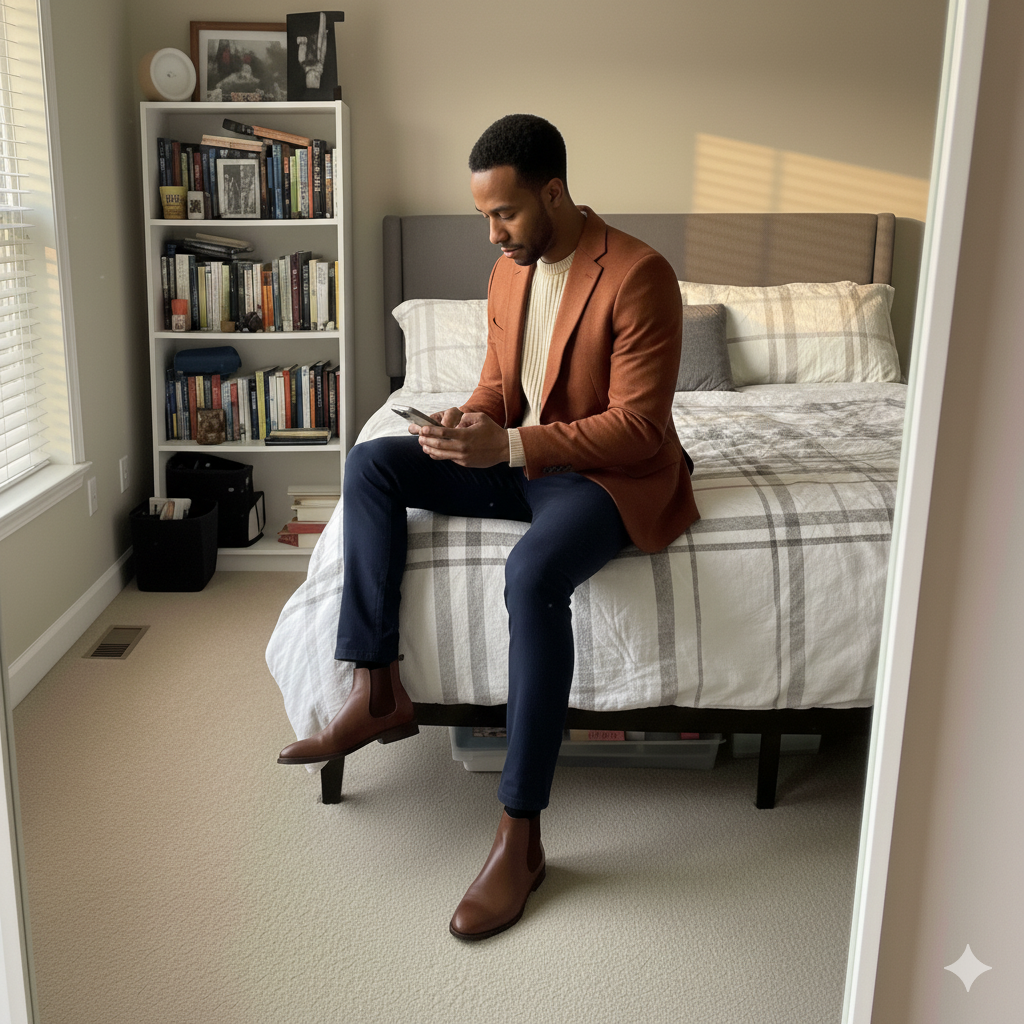 Man in emerald blazer sitting and checking his phone