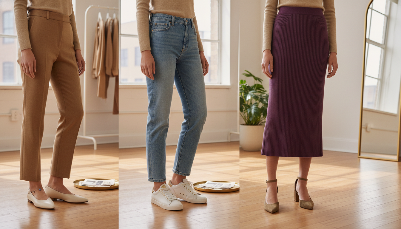 Waist-down view of a petite woman wearing trousers, jeans, and a midi skirt at different precise hem lengths to show elongating proportions.