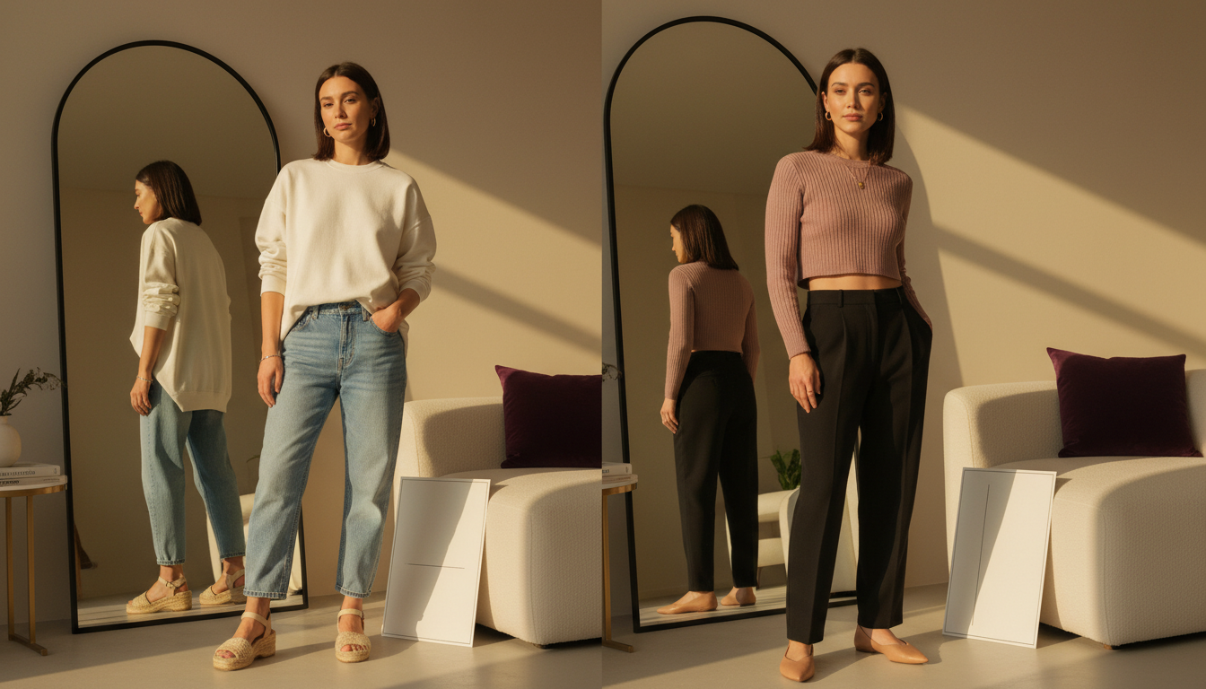 Petite woman in chic urban setting wearing two contrasting outfits, one shortening and one elongating her height