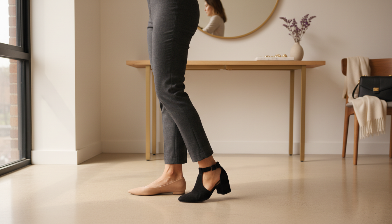 Close-up of a petite woman’s legs showing a nude pointed flat on one foot and a dark chunky ankle-strap heel on the other.