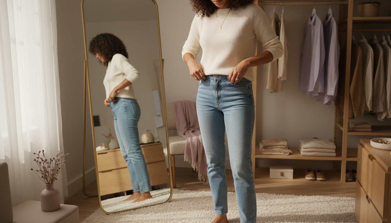 Woman in a bright, minimal bedroom refining a front tuck on a high-waisted pair of jeans in front of a mirror.