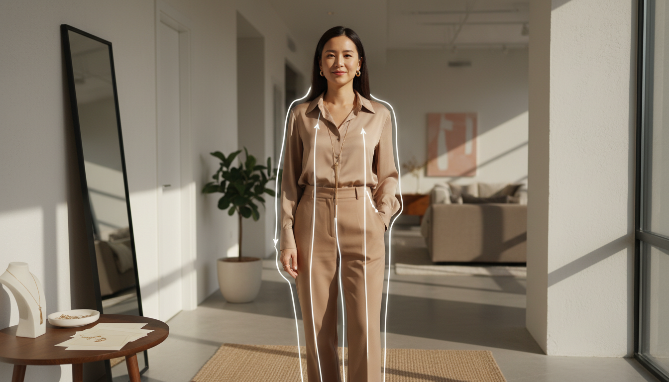 Stylish petite woman in a monochrome outfit with strong vertical details, demonstrating how the eye travels in a long clean line.