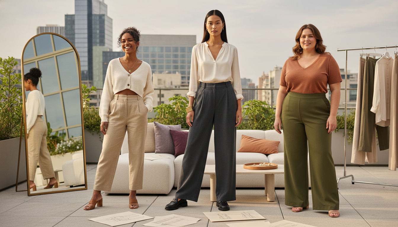 Petite, tall, and curvy women each wearing wide-leg pants styled to flatter their specific proportions.