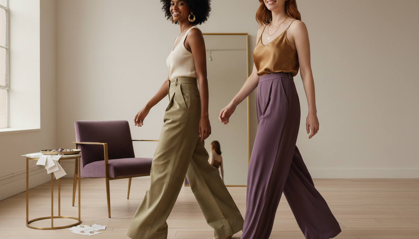 Two women walking in wide-leg pants, one in stiff fabric and one in flowing fabric, highlighting how drape changes the silhouette.