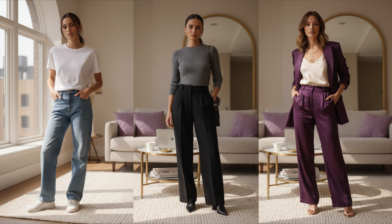 Woman in wide-leg pants styled three ways for casual, work, and evening in a sunlit urban apartment, showing modern, polished outfits.