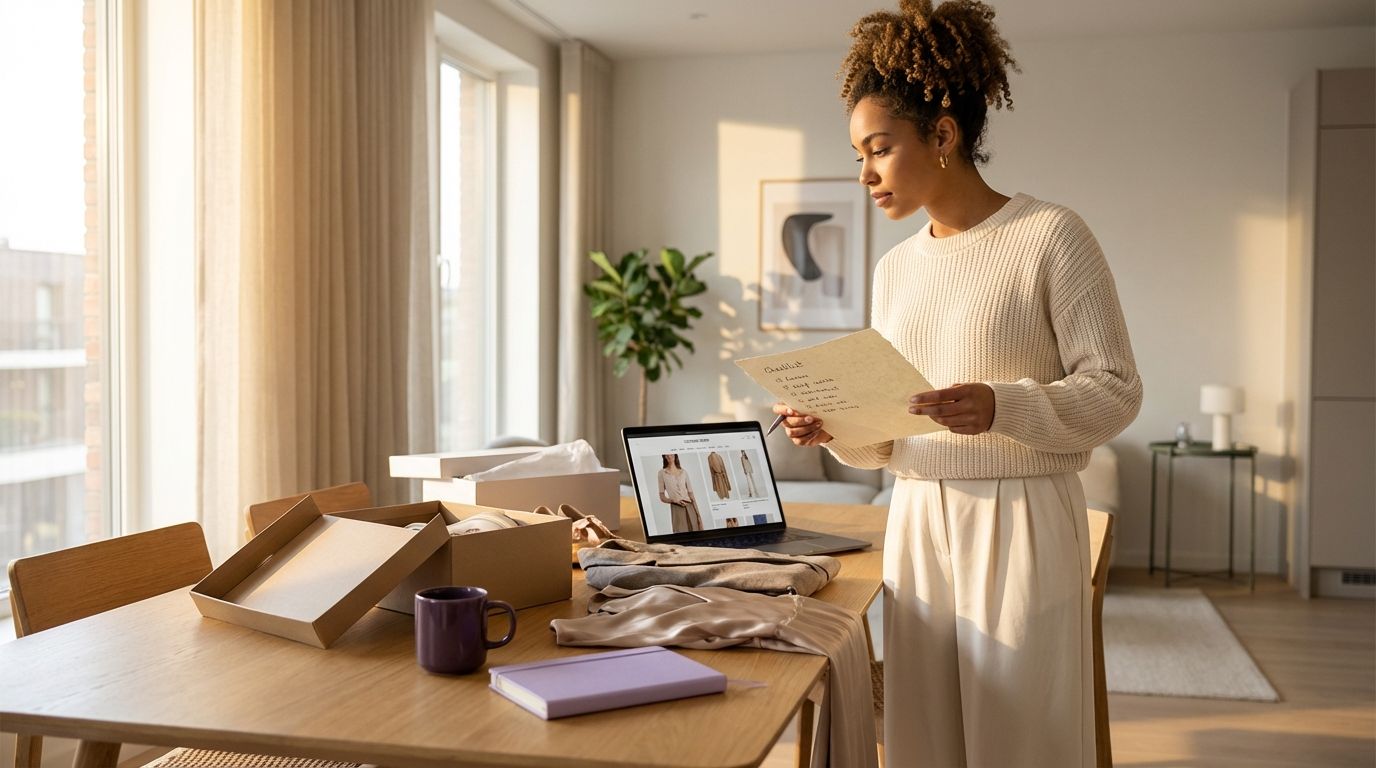 Young urban shopper reviewing clothes in a cart against a style checklist on a table in natural light.