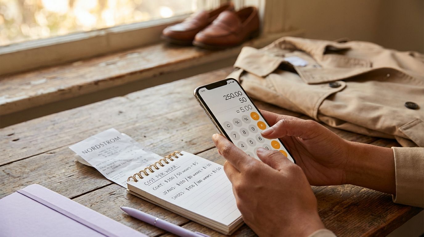 Hands holding a phone with a calculator app open beside a cost-per-wear list for wardrobe staples.