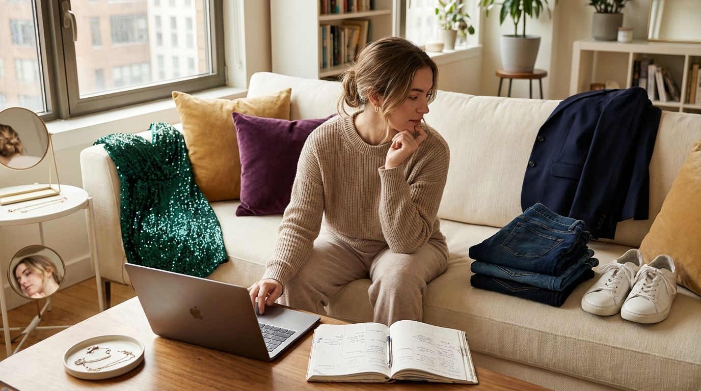 Urban professional comparing a party dress to everyday pieces while looking at their weekly calendar on a laptop.