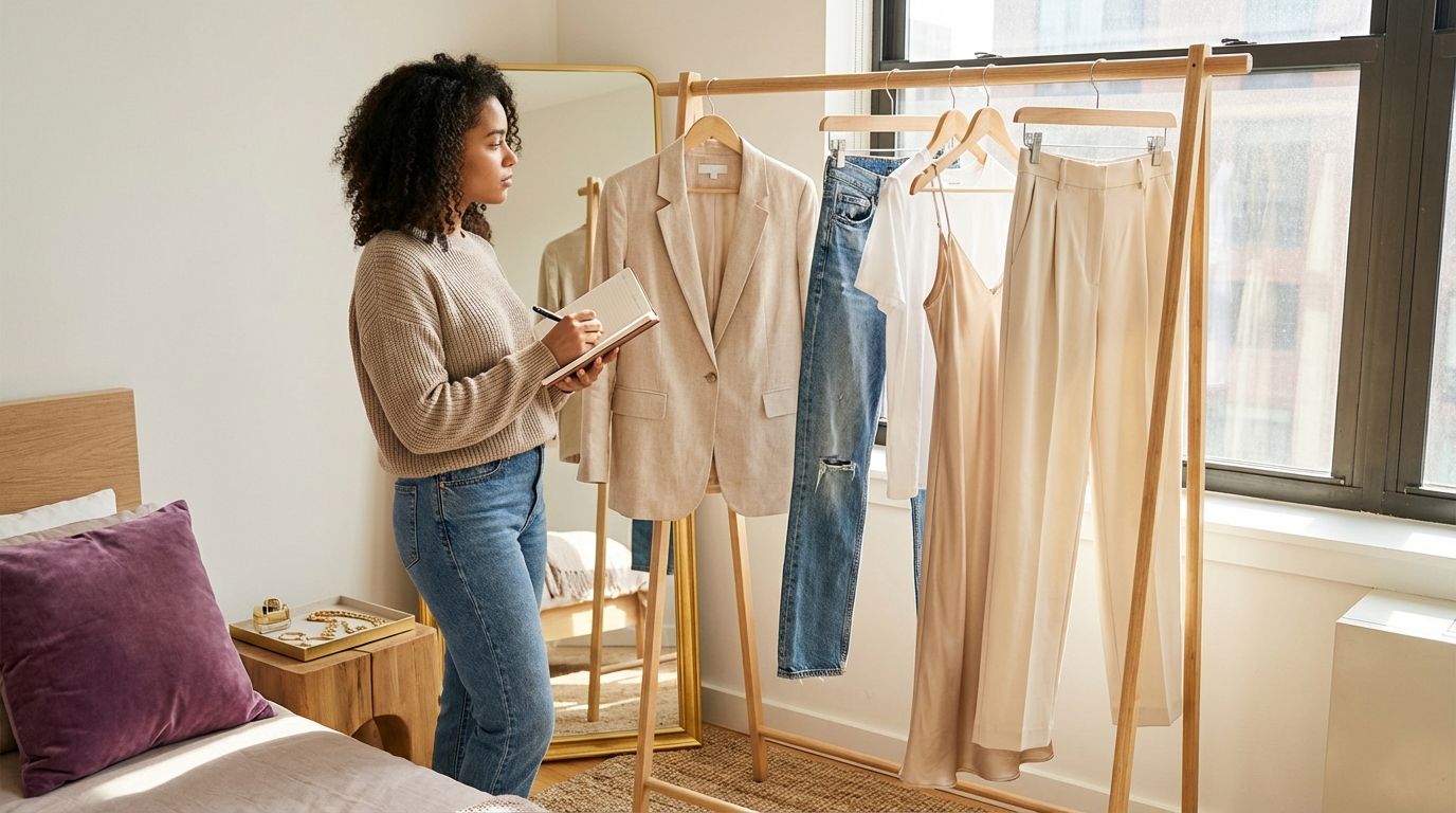 Clothing rack showing one blazer styled into three different outfits while a shopper studies the combinations in a bright bedroom.