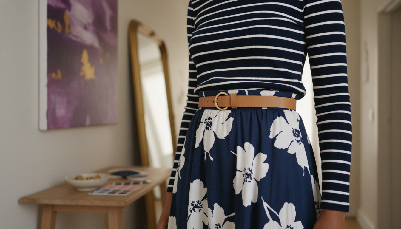 Close-up of a navy striped top and navy floral skirt with a tan belt, highlighting how shared colors unify mixed patterns.