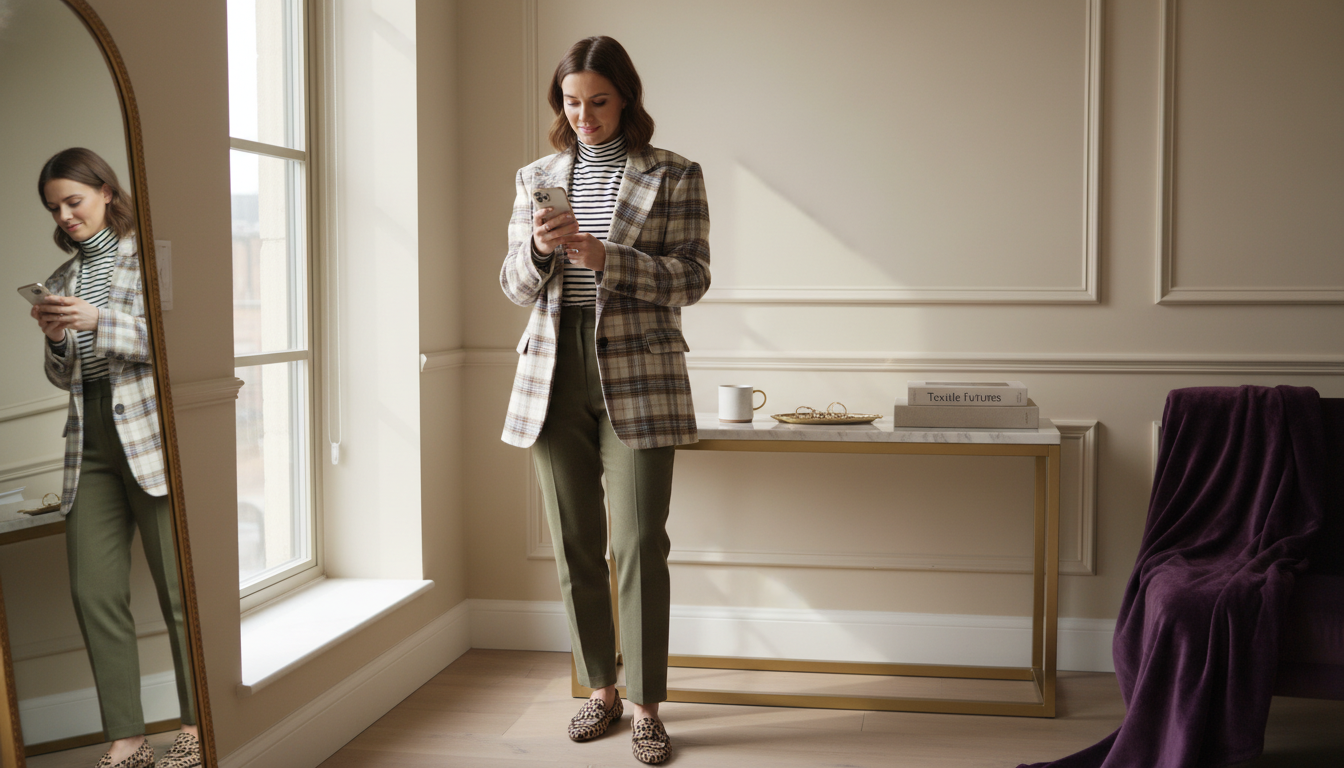 Stylish woman in a sunlit urban apartment wearing a three-pattern outfit that looks cohesive and modern