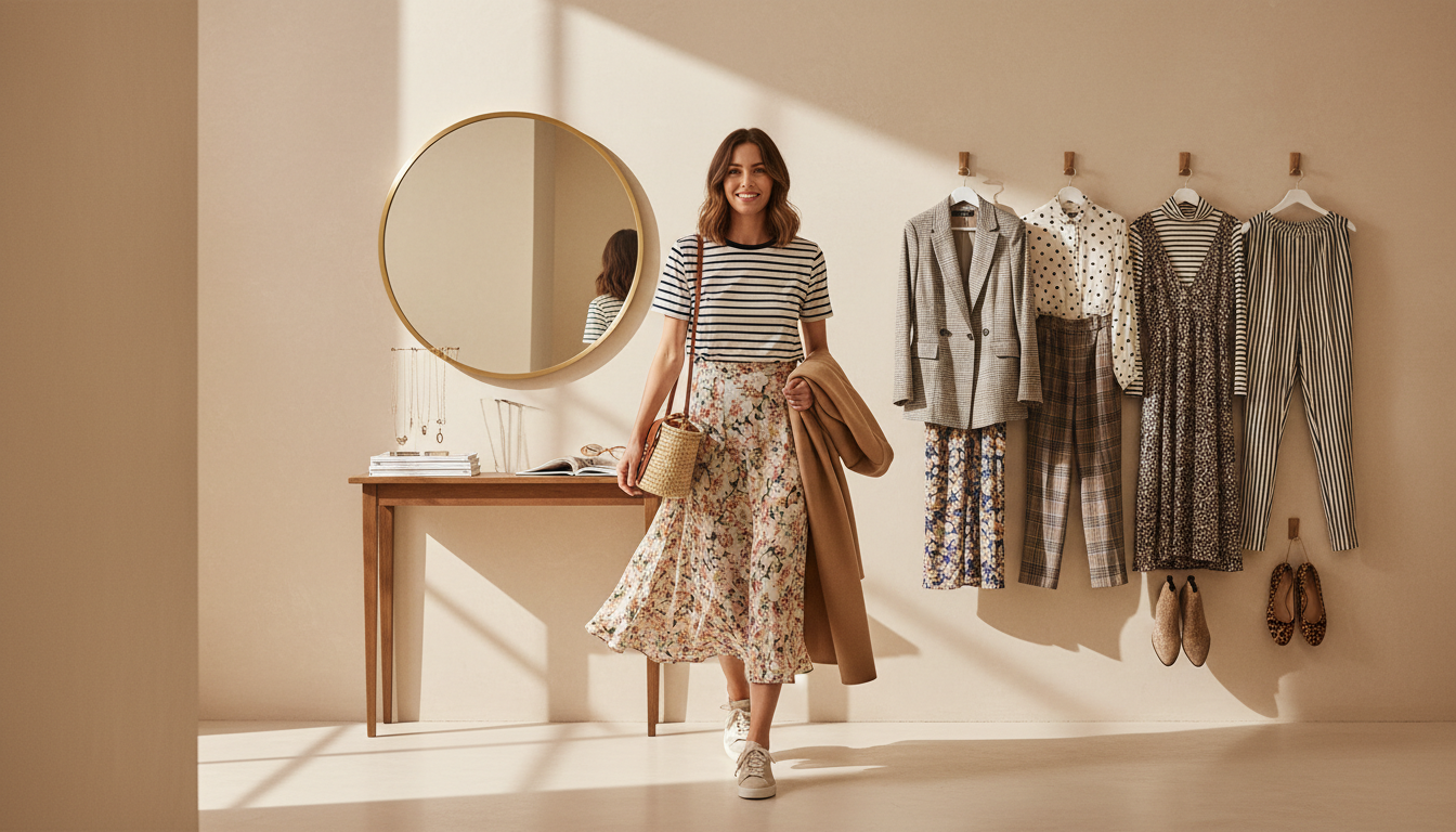 Woman walking in a striped tee, floral skirt, and neutral sneakers, with additional mixed-pattern outfits hanging neatly on the wall behind her.
