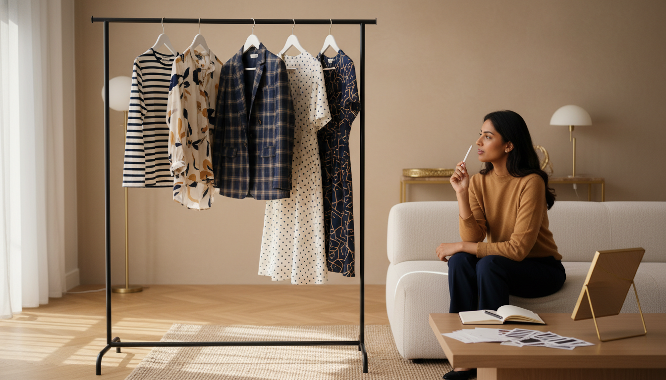 Minimal clothing rack displaying stripes, florals, plaid, polka dots, and geometric prints in a cohesive neutral palette.