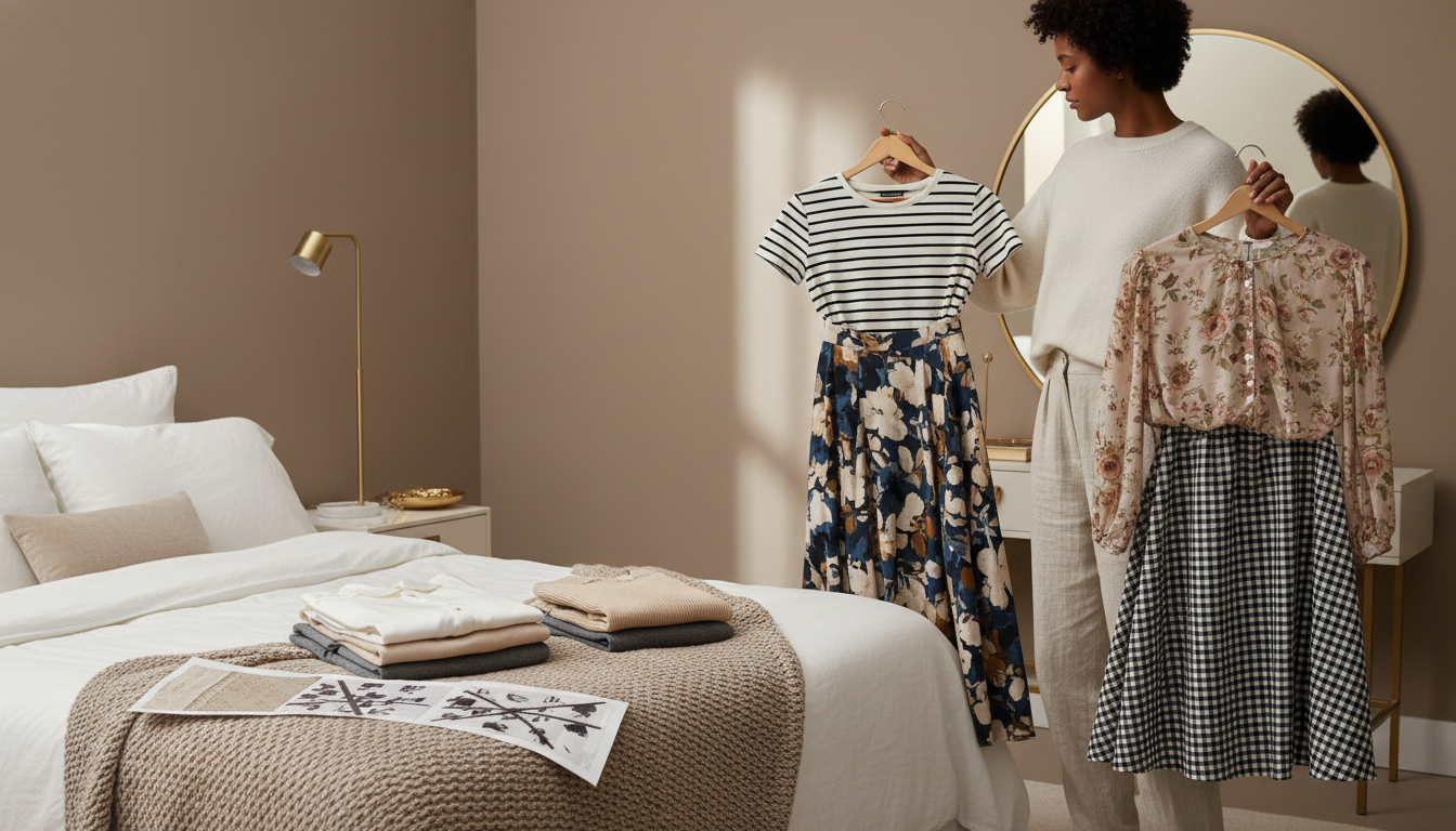 Person comparing a large floral skirt with a fine stripe tee versus two medium-scale prints, showing why varied scale works better.