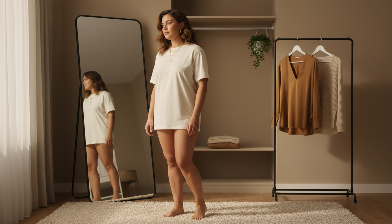 Woman with a round face studies a crew-neck top in the mirror while more flattering V-neck and scoop-neck options hang nearby in a minimalist bedroom.