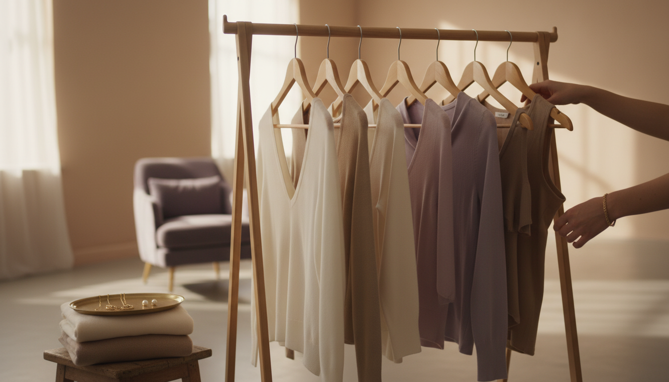 Sunlit clothing rail displaying tops in various neckline shapes like V-neck, scoop, boat neck, square, and sweetheart in a minimal studio.