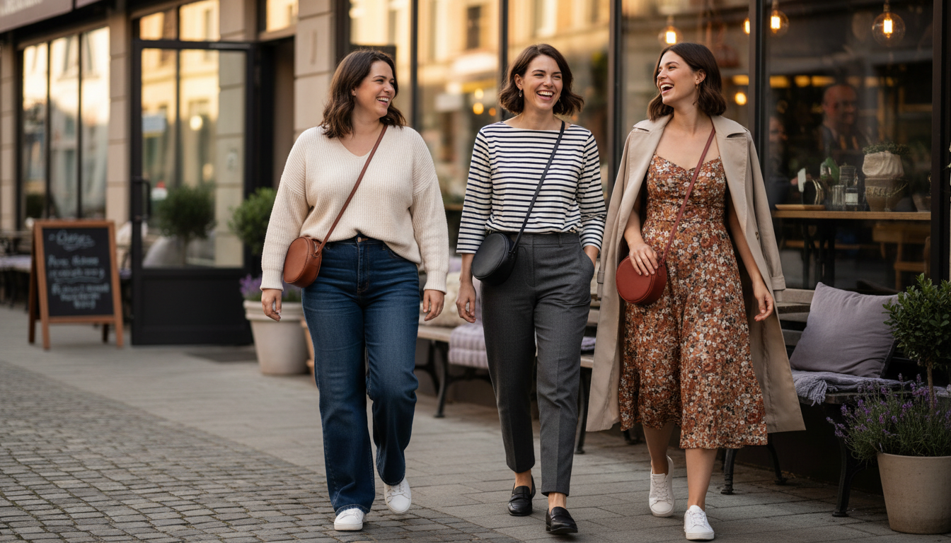 Three friends with different face shapes wearing V-neck, boat neck, and sweetheart necklines while walking past a café in natural city light.