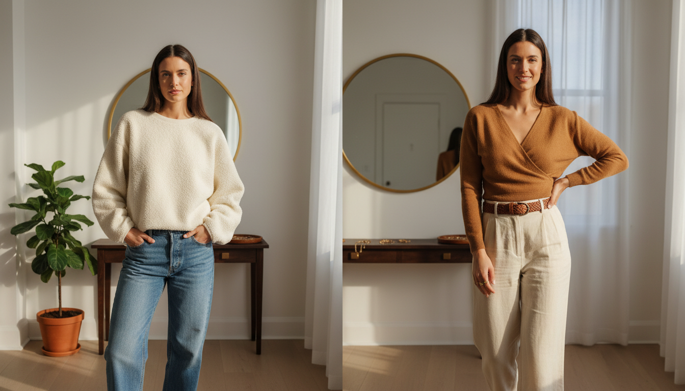 Rectangle body model in a boxy, shapeless outfit contrasted with a belted wrap top and high-rise wide-leg trousers that create a defined waist.