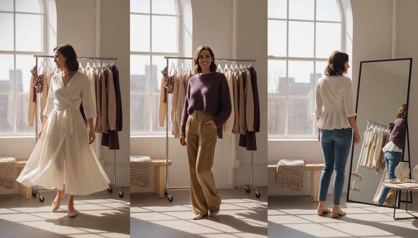 Rectangle body model wearing three flattering outfits that create waist definition and curves in a clean, modern urban setting.