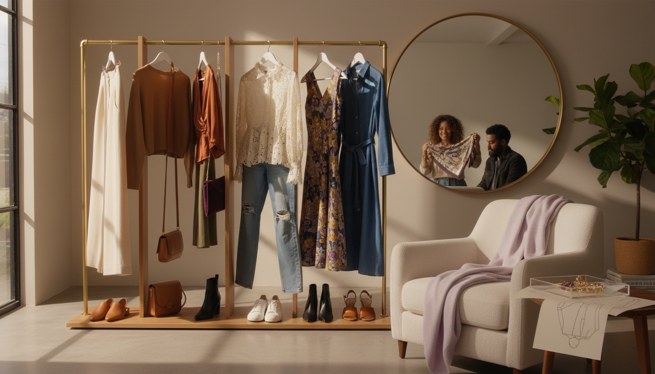 Five curated outfits on a clothing rail, each built around rectangle-friendly formulas like wide-leg pants with a cropped top and fit-and-flare dresses.