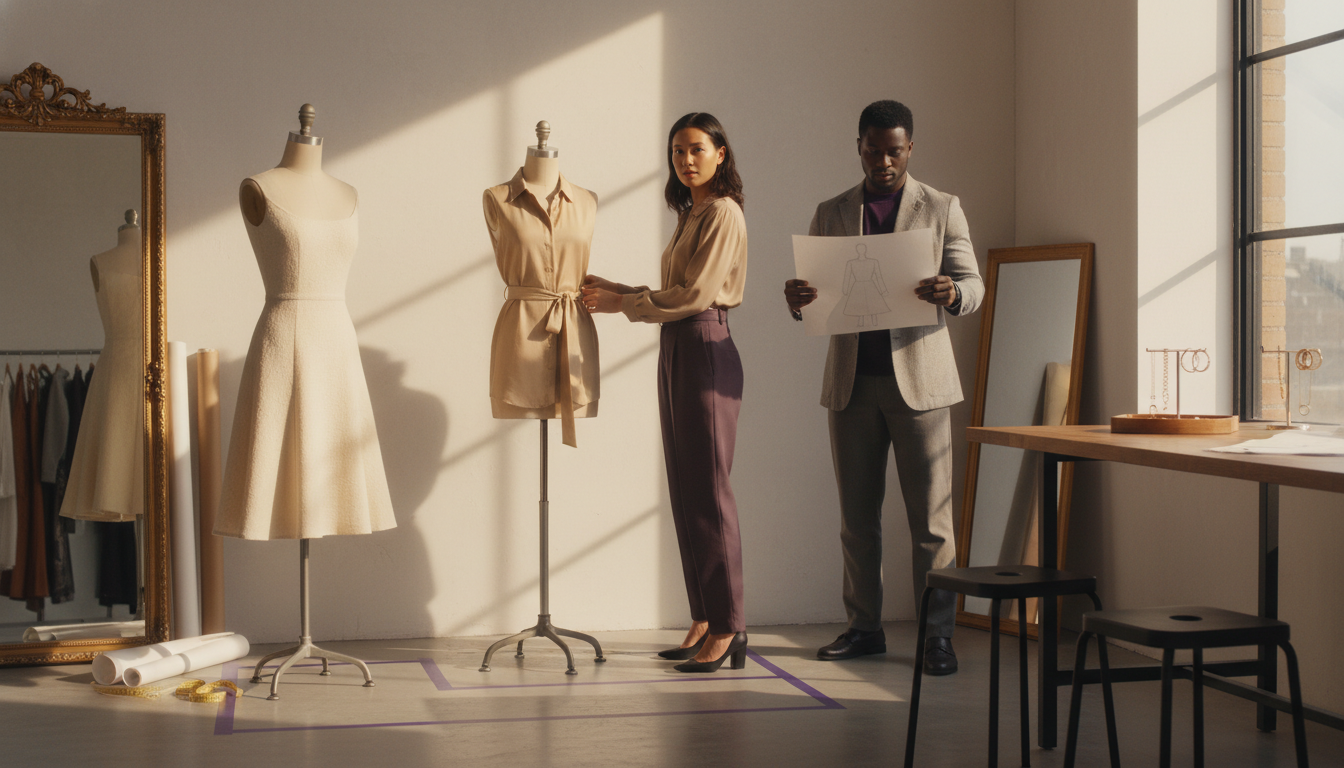 Three dress forms styled in fit-and-flare, belted shirt dress, and A-line skirt outfits to demonstrate flattering silhouettes for rectangle bodies.