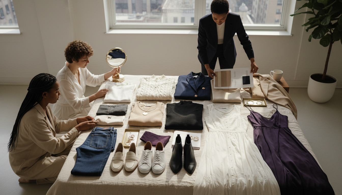 Sunlit flat lay of a complete 30-piece minimalist capsule wardrobe in warm neutrals and soft accent colors on a light bedspread.