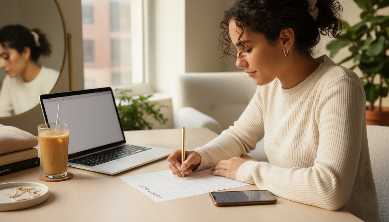 Woman at a sunlit table filling out a lifestyle audit worksheet beside a laptop, coffee, and neatly folded sweater.