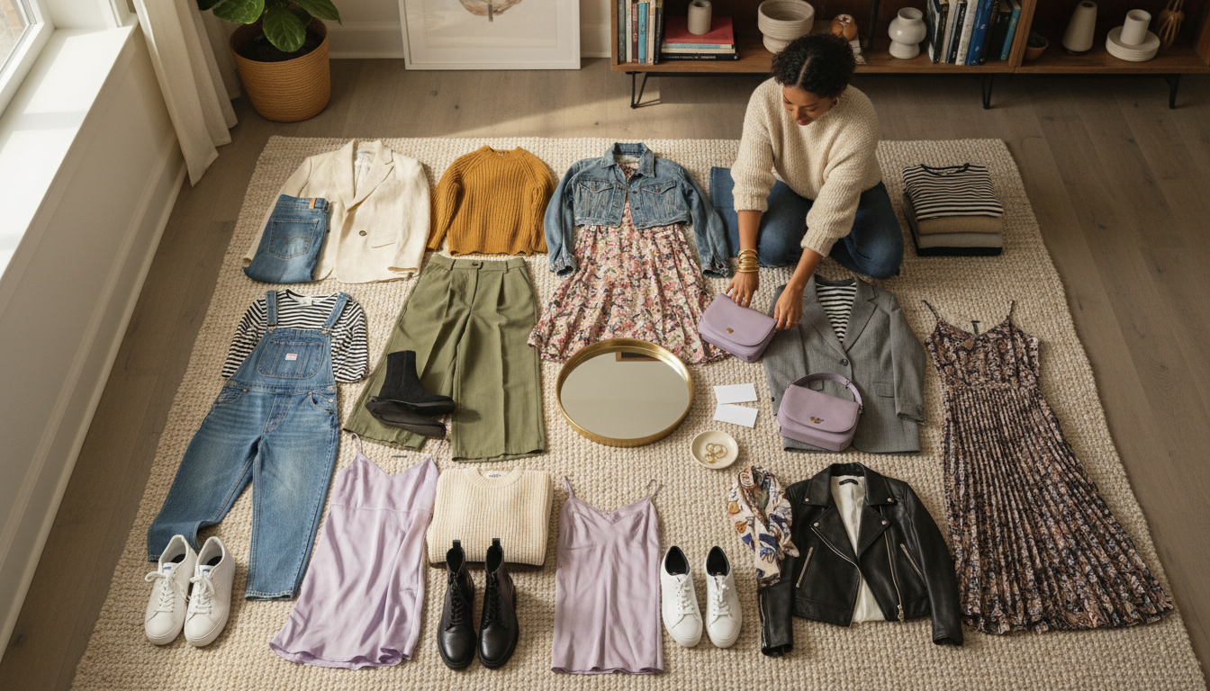 Overhead view of several complete outfits laid out on a light rug, all built from the same small set of capsule pieces.
