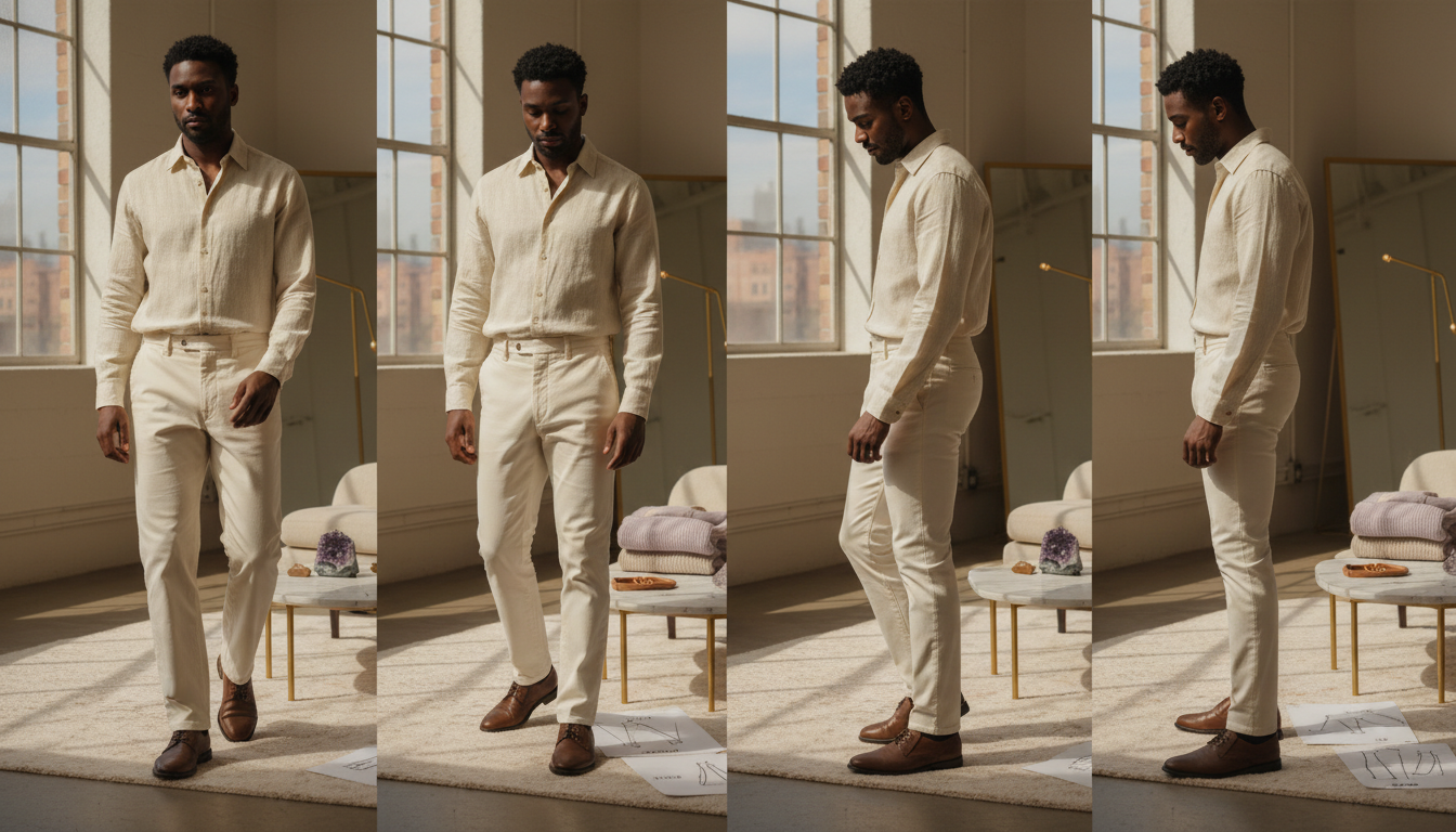 Close framing of a man’s legs in different pant fits, highlighting changes in thigh room, taper, and leg opening in natural light.