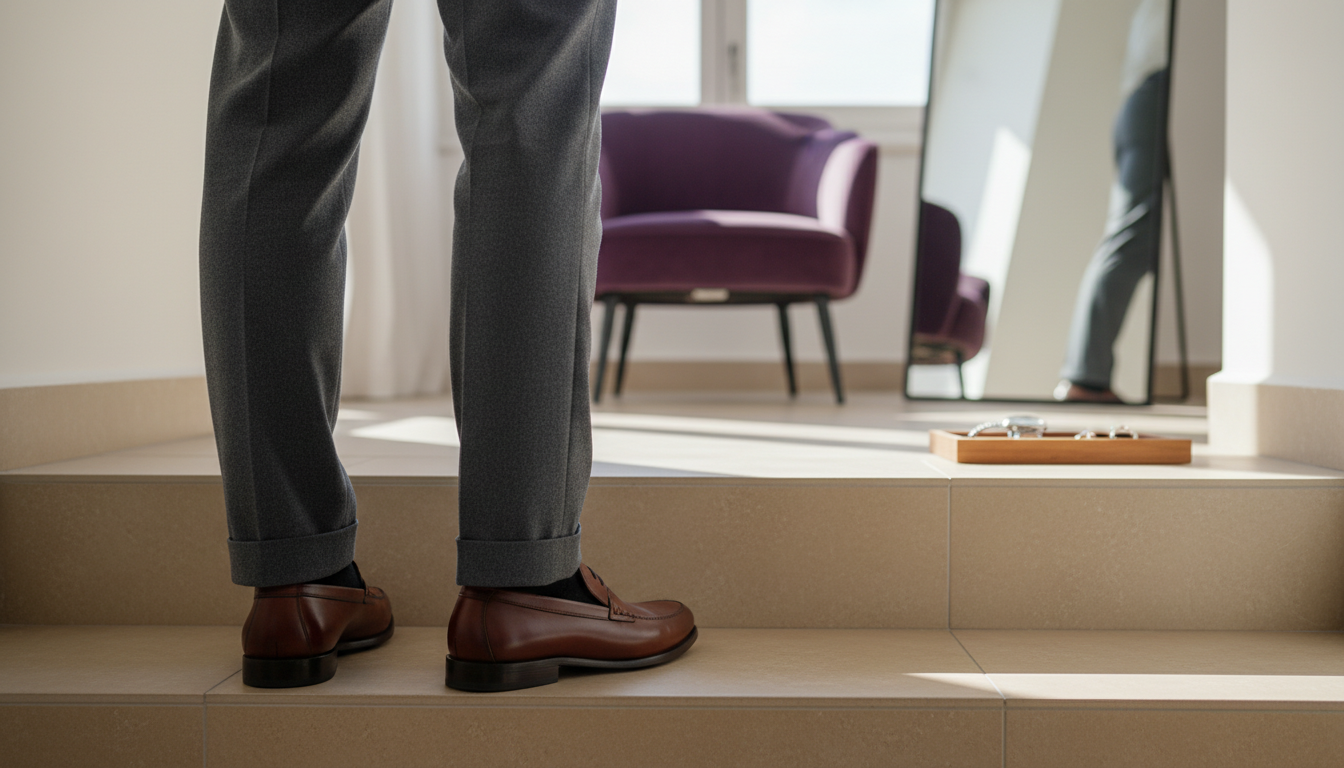 Close-up of men’s trouser hems resting on loafers, showing no break, a small break, and a deeper full break in natural light.
