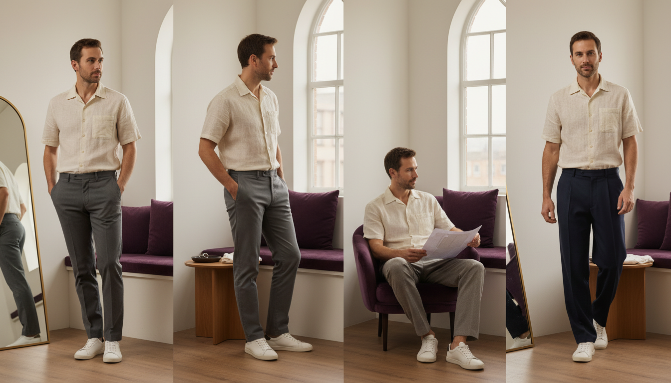 Four pant fits on the same man showing slim, straight, relaxed, and wide-leg trousers in a modern, minimalist urban setting.